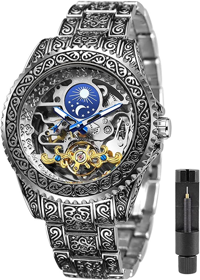 Mechanical Men's Watch Fashion Automatic Men's Clock Blue Stainless Steel Waterproof Business Skeleton Watch